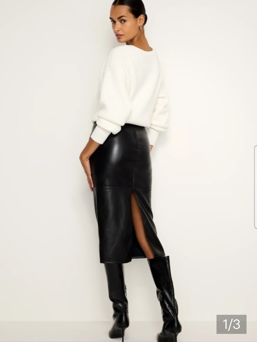 Good American Black Faux Leather Midi Pencil Skirt with Back Slit